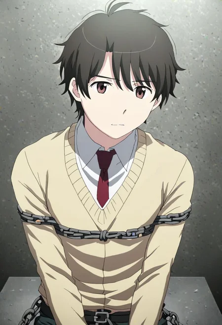 high resolution, solo, best quality, 1Boy, Inaho Kaizuka, Black Hair, Brown Eyes, arrested, restrained, struggling, tied, interrogation, interrogation room, OverallDetail