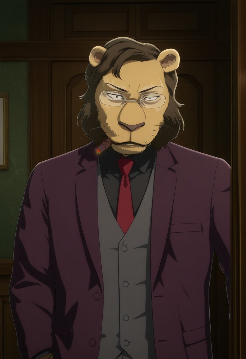 high quality, detailed, ChiefLion, mature male, anthro, lion, tan yellow fur, dark brown mane, brown hair, short mane, black eyes, animal ears, beastars, athletic build, glasses, white patches on eyes, dark grayish purple suit, black collared shirt, red necktie, gray vest, looking at viewer, indoors, office, half-body, smoking a cigar, standing