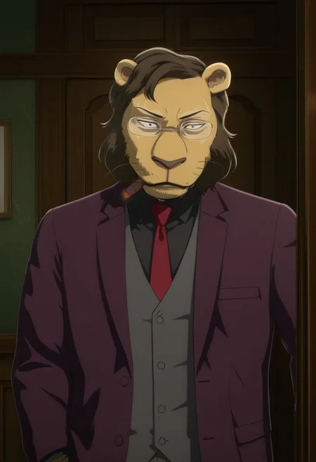 high quality, detailed, ChiefLion, mature male, anthro, lion, tan yellow fur, dark brown mane, brown hair, short mane, black eyes, animal ears, beastars, athletic build, glasses, white patches on eyes, dark grayish purple suit, black collared shirt, red necktie, gray vest, looking at viewer, indoors, office, half-body, smoking a cigar, standing