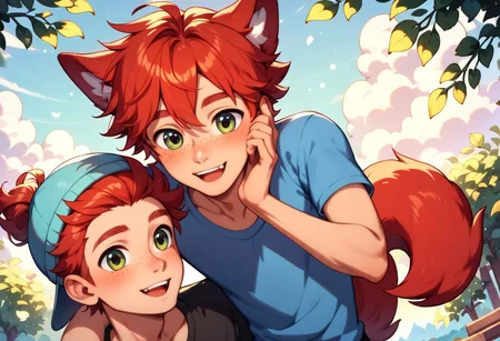 score_9,score_8_up,score_7_up, 2boys, anthro canine humanoid hybrid with red fur, freckles, petite, twink, dog ears, red tail, red hair, fluffy, cute, adorable, petite, brothers, clothed, kids, cute, don't get along, detailed face, at home, anatomically correct, masterpiece, negative_hand, source_anthro, rating_safe