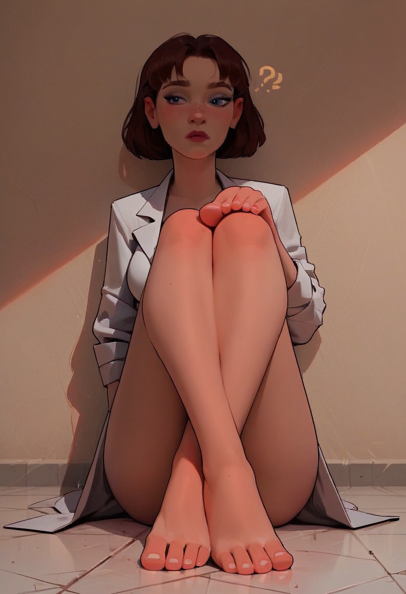 (score_9, score_8_up, score_7_up, score_6_up, score_5_up, score_4_up), source_cartoon, 1girl, feethands, feet for hands, beautiful, adult, in a lab, test tube broken at feet, wearing a lab coat, lab coat ripped, perfect breasts exposed, feethands on floor, intrigued, interested, looking at feethands, curious expression,  feet instead of hands, fascinated,