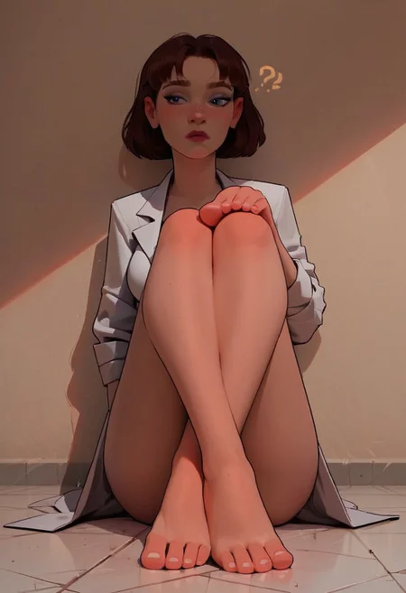 (score_9, score_8_up, score_7_up, score_6_up, score_5_up, score_4_up), source_cartoon, 1girl, feethands, feet for hands, beautiful, adult, in a lab, test tube broken at feet, wearing a lab coat, lab coat ripped, perfect breasts exposed, feethands on floor, intrigued, interested, looking at feethands, curious expression, feet instead of hands, fascinated,