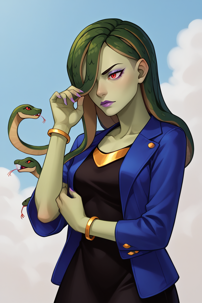 score_9, score_8_up, score_7_up, BREAK, 1girl, solo, breasts,  <lora:veraoberlin-guy-PONYv1:1>, veraoberlin, snake hair, green skin, monster girl, hair over one eye,  makeup, blue jacket, bracelet, black dress,