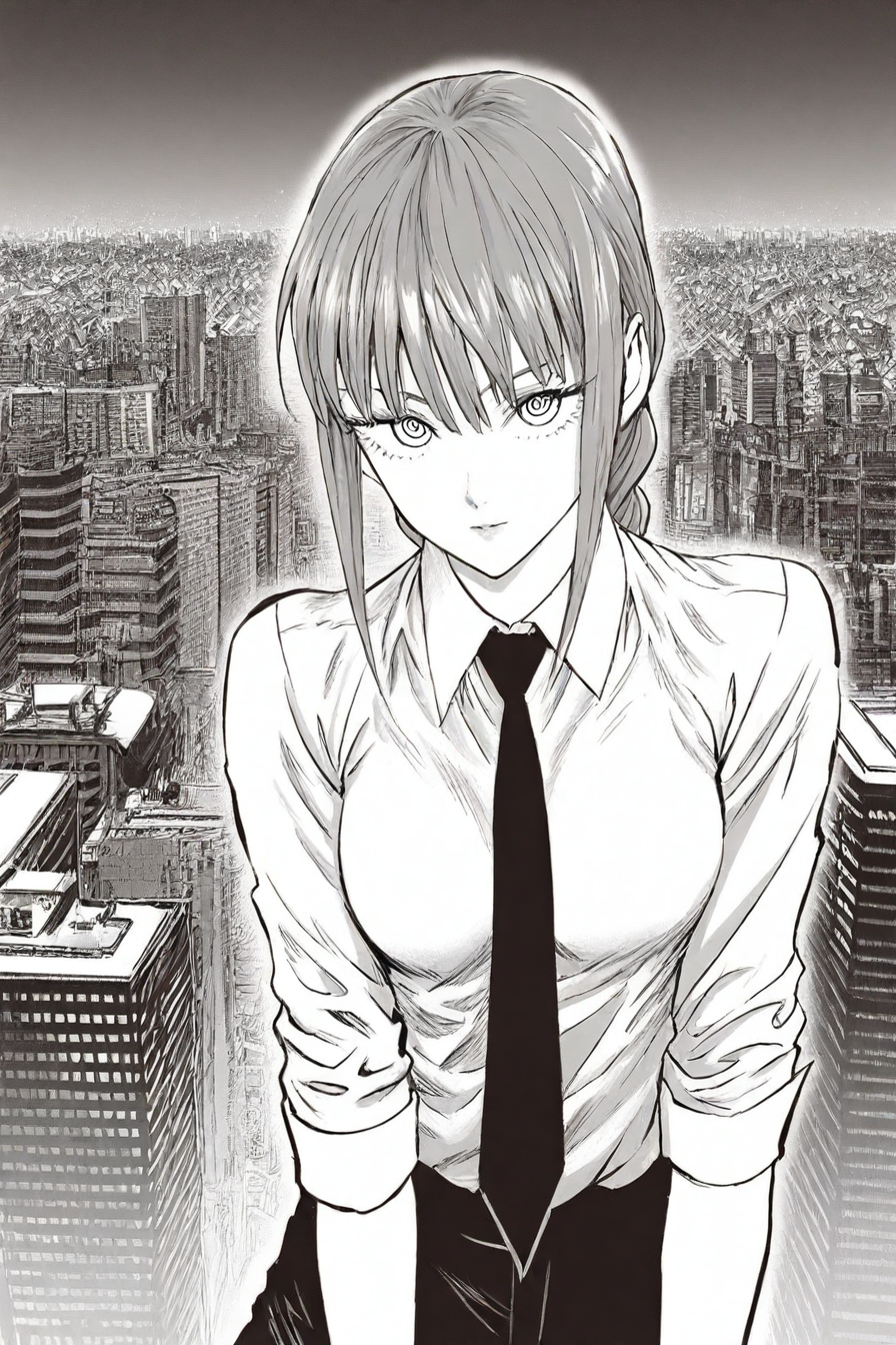 <lora:mak1ma0XL_Pony_v1:0.6> , mak1ma0, makima, long hair, ringed eyes, braid, white collared shirt,black necktie, black pants,  1girl, solo, alone, <lora:yusuke_murata_style_illustriousXL:1>, yusuke_murata_style, monochrome, greyscale, city background, masterpiece, highres
