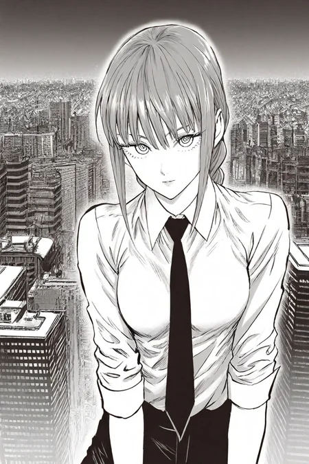 <lora:mak1ma0XL_Pony_v1:0.6> , mak1ma0, makima, long hair, ringed eyes, braid, white collared shirt,black necktie, black pants, 1girl, solo, alone, <lora:yusuke_murata_style_illustriousXL:1>, yusuke_murata_style, monochrome, greyscale, city background, masterpiece, highres