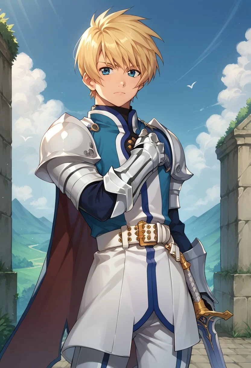 score_9, score_8_up, score_7_up, source_anime, highly detailed,
flynn, 1boy, male focus, solo, blonde hair, blue eyes, armor, surcoat, belt, white belt, cape, gauntlets, greaves, weapon, sword,
outdoor,