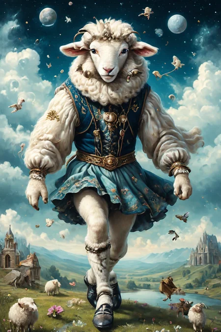 Detailed digital portrait of an anthro Sheep (Kicking up heels, carefree playfulness) at a Astral plane reflecting ethereal landscapes, <lora:xl_more_art-full_v1:0.5>, <lora:The_Crazy_Style:0.7> <lora:anthro_muscular:0.7>