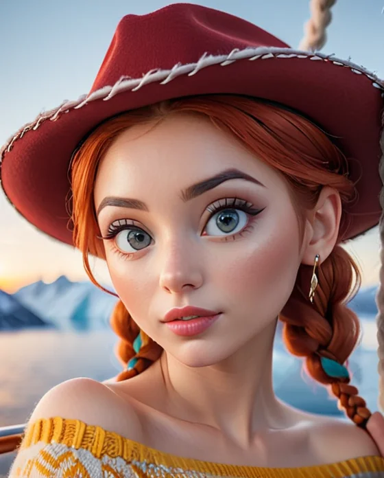 score_9, score_8, score_7, score_6, <lora:Jessie_the_Yodeling_Cowgirl_-_Toy_Story_PonyXL:1> Jes_sie, 1girl, red hair, hat, cowgirl, cleavage, hair in single braid, (Upper body photo:1.2). (1female), wearing an off shoulder sweater and knit skirt. Detailed eyes framed by long, perfect eyelashes. Her eyebrows are perfectly arched and delicate, adding grace to her gaze. Elegant eyeliner. Light make-up. Detailed face. Soft features. Sensual. Standing on the deck of a luxury yacht in the arctic. Facing camera. Vast open view in the background, ocean, glaciers, sunset, dynamic vivid colors. Photorealistic, Natural atmospheric lighting, intricate details, 35mm photograph, film, professional, 4k visuals, highly detailed, elegant, studio quality.