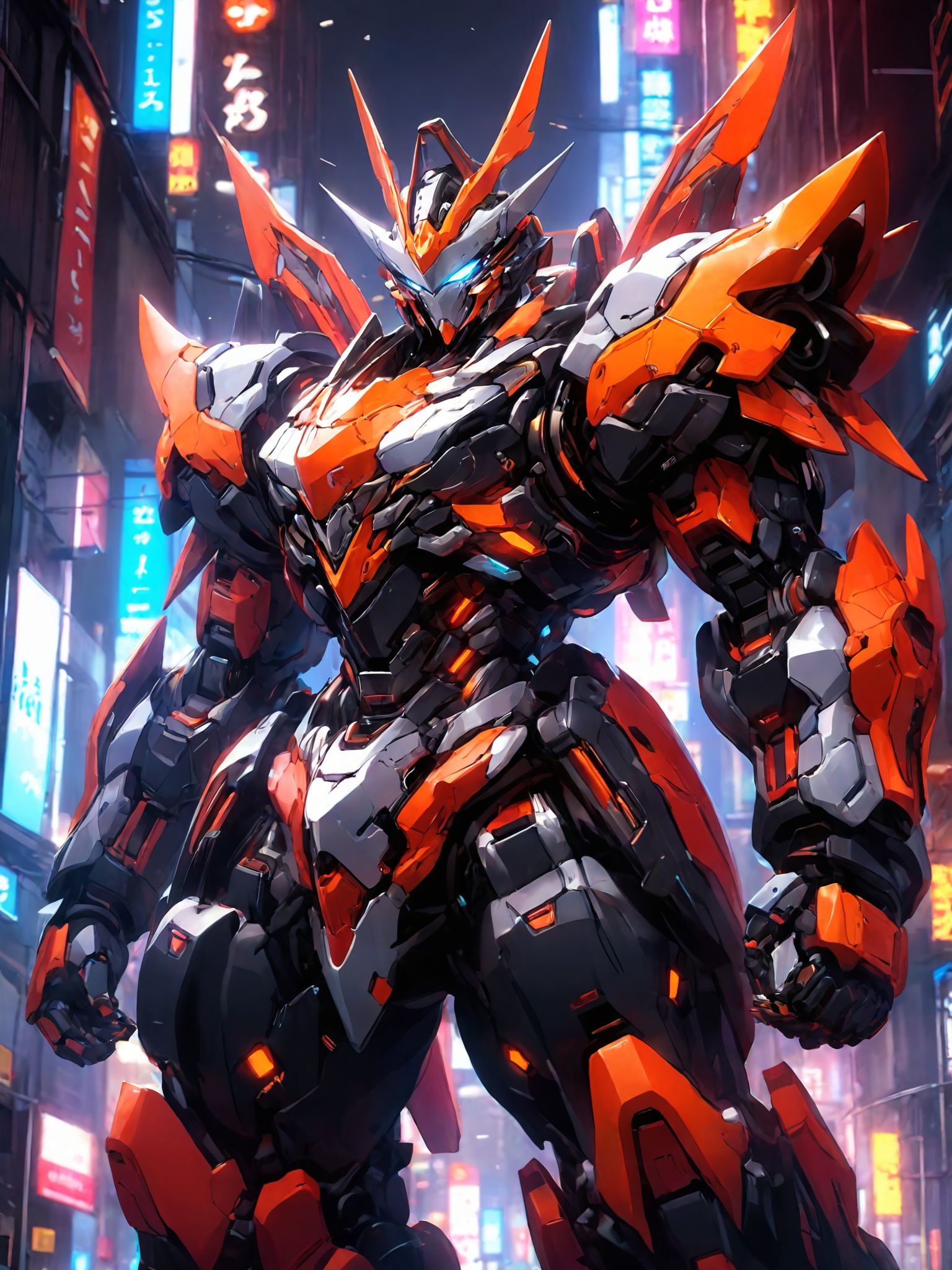 Conceptual design illustration of a neon robot with thick limbs and heavy armor,teeth and claws,cyberpunk,mecha anime style,colorful,science fiction,<lora:p7-nijimecha-000009:0.7>,nijimecha,<lora:Hyper-SDXL-4steps-lora:0.8>,