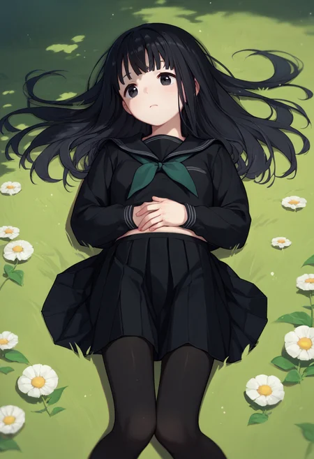 score_9, score_8_up, score_7_up, Rinne, black hair, long hair, black eyes, black serafuku, necktie, long sleeves, black skirt, black pantyhose, on back, outdoors, grass, hands on stomach, <lora:Rinne LORA 3-000008:1>