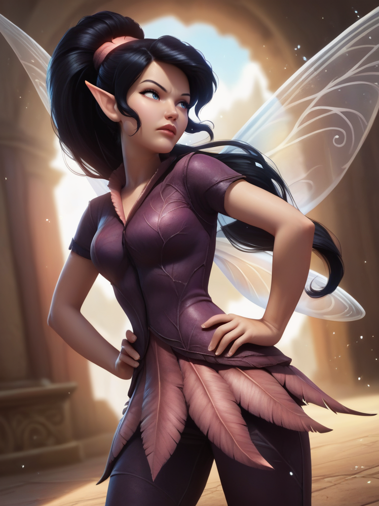 score_9, score_8_up, score_7_up, 1girl, dynamic pose, cowboy shot, looking at away, detailed background, magic particles around, hands on hips pose, upset, vegetation, dutch angle, from side,
<lora:AVidia_character:0.8>, VidiaXLP, black hair, long hair, ponytail, blue eyes, fairy wings, fairy, pointy ears, purple dress, short sleeves, pants, cartoon, <lora:Realistic_2.5DAnime_Merge1:0.6>