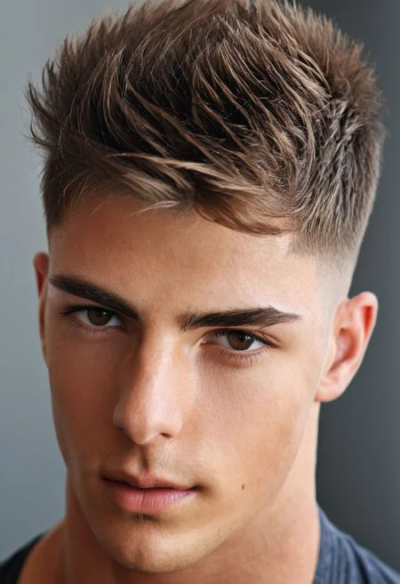 fashion photo, high resolution photo of a 25 years old insanely attractive male model, hyperdetailed photography, soft light, realistic skin, face, looking at viewer, model look, MDRN MALE HAIRSTLYE