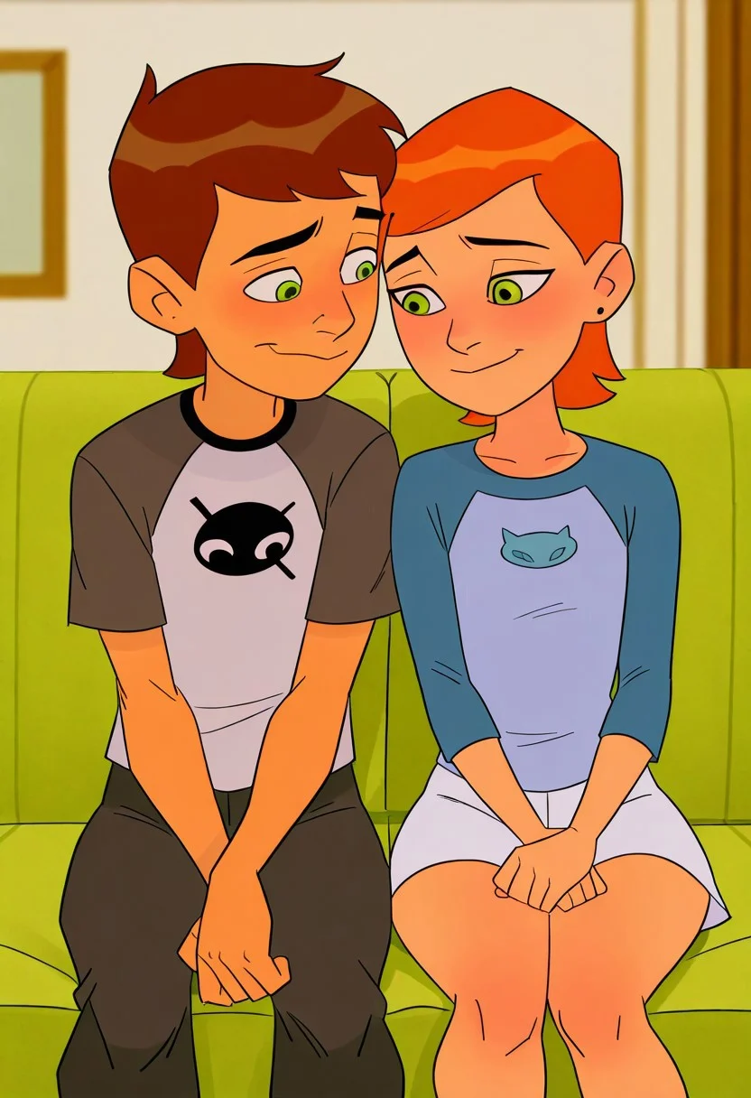 highres, hi res, best quality, masterpiece, intricate details, absurdres, 4k,, anime screencap, anime coloring, masterpiece, best quality,depth of field, 1girl, gwen tennyson, /(ben10)/, short hair, (small breasts:1.5), Orange hair, green eyes, clothed, smiling, short height, shortstack, cute, adorable, sitting next to Ben, BREAK 
1boy, skinny, shortstack, short height, ben tennyson /(ben10/), green eyes,  short brown hair, clothed, skinny, smiling, sitting next to Gwen,
(Ben Tennyson and Gwen Tennyson),
(couple, boy and girl:1.3) sitting next to eachother,
front view, detailed background, (mobile home background) ,BREAK score_9, score_8_up, score_7_up, highly detailed, highly detailed skin texture, finely detailed hair BREAK (couple in love), (boy having a Bonner:1.8), (shy boy:1.5), (surprised girl looking at his Bonner), (girl looking at his Bonner)