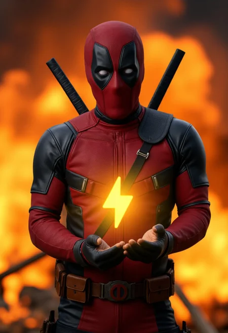 deadpool in a bodysuit and a mask shows the observer a sparkling icon of a bright, yellow SuchBuzzLogo lightning in his hands with a surprised expression on his face. The lightning bold are glowing in his hands, his skinny figure illuminated by the bright lights. Against the backdrop of the explosion