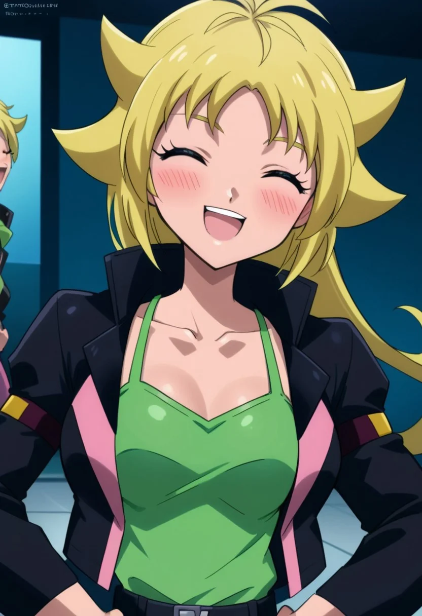 score 9, score 8 up, score 7 up,beyblade shogun steel, ren kurenai, 1girl, closed eyes, blonde hair, open mouth, smile, long hair, jacket, blush, hands on hips, black jacket, breasts, shirt, upper body, collarbone, ^ ^, green shirt