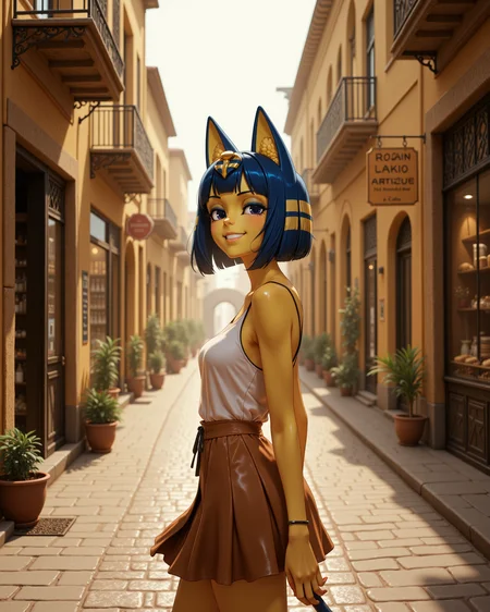 Semi-Realistic Style in a wide shot. Looking at viewer, outdoors in daylight, 25 year old woman, Amused with a playful smile, bright eyes, and a soft chuckle.
explicit Highest quality, best quality, masterpiece. cinematic atmosphere. The lighting is soft yet dramatic. The film grain adds a tactile, grainy texture, enhancing the dreamlike quality of the scene. 
<lora:Animal_Crossing_-_Ankah_V2_000030:1> she is an  egyptian woman with cat ears. Blue hair in a bob cut with blunt bangs, she is a furry female with a cat tail. Wearing a
Flared skirt with a pleated design, high waist, and a zipper closure at the back
A woman walks along a narrow street lined with cobblestones, her eyes scanning the small artisan shops and cafes, the scent of fresh bread wafting in the air.