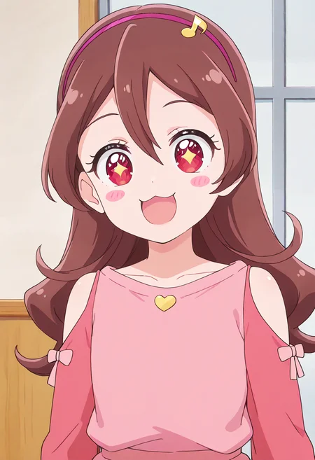 masterpiece, best quality, absurdres, very aesthetic, general,
sakura uta, casual, 1girl, solo, brown hair, open mouth, long hair, :3, smile, blush stickers, looking at viewer, :d, upper body, clothing cutout, collarbone, hair between eyes, shoulder cutout, eyebrows visible through hair, symbol-shaped pupils, star-shaped pupils, pink shirt, bare shoulders, blush, symbol in eye, red eyes, musical note hair ornament, pink hairband, chibi, hair ornament, pink dress, hair bow, + +, headband, dot nose, star in eye, pink bow, hair ribbon, indoors, happy, simple background, low-tied long hair, child, sparkling eyes, off shoulder, sleeveless shirt, shiny hair, swept bangs, long sleeves, curly hair
<lora:cure_idol_sakura_uta_illustXL_locon_v1:0.8>