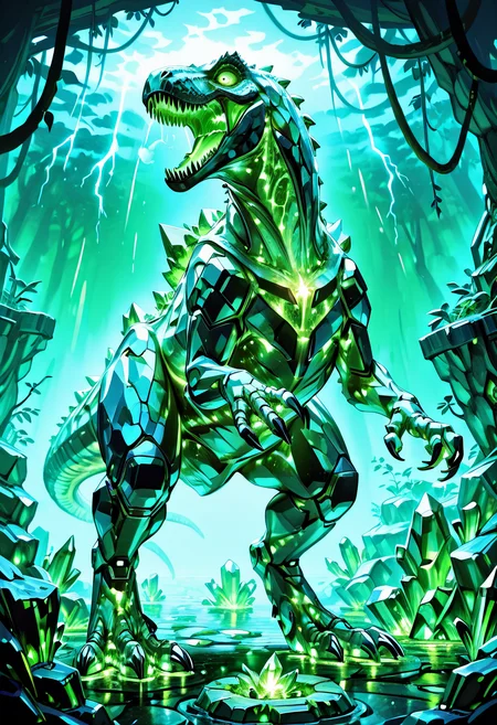 masterpiece, best quality, no humans,   ,<lora:CrystalKingDino_IXL:0.8>,  zzCrystalKing, green crystal body, jagged crystal plates, glowing core, reptilian eyes, dense jungle, glowing moss, thunderstorm, roaring pose, low angle, bioluminescent lighting, primal atmosphere â Amid the heart of a luminous jungle, the zzCrystalKing rears back with a thunderous roar. Its body glitters with fractured emerald crystal, sharp edges catching flashes of lightning from the storm above. Vines hang heavy from obsidian trees, bioluminescent moss glowing beneath its feet. Rain spatters off its glowing core, steam hissing from crystal joints. Every step cracks stone and root, the primal king returning to a world that has long forgotten him.