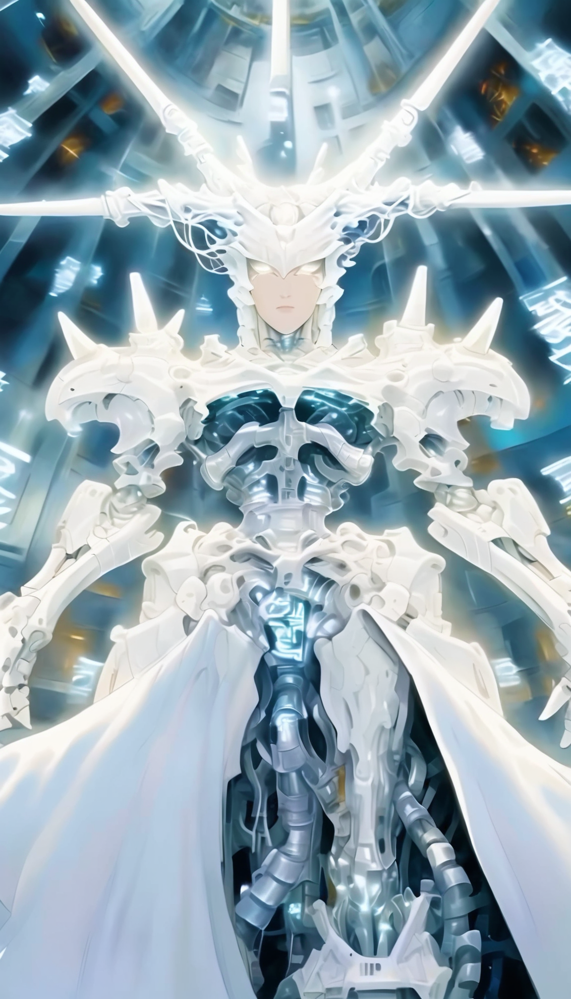 solo, mechanical parts, science fiction, floating, white hair, white eyes, closed mouth, robot, horns, spikes, android