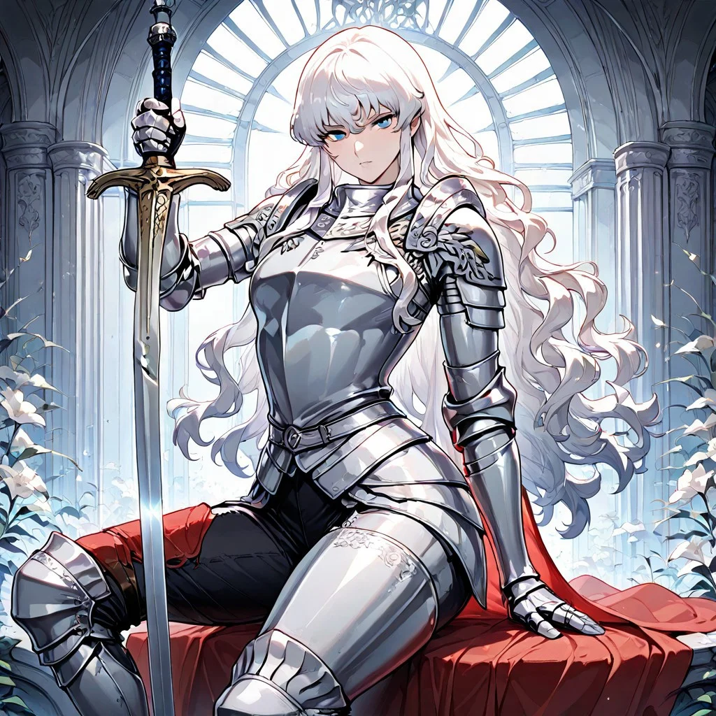 masterpiece, best quality, newest, absurdres, highres,
PINWSV1.0, pin up, sexy pose, sword, holding sword, holding weapon, sword, 1boy, griffith_(berserk), white hair, blue eyes, wavy hair, armor,