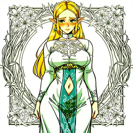 safe_pos, (4L3CT05TYL3:1.4),very aesthetic, intricate details, highly detailed background, masterpiece, high quality,limited color palette,lineart,vector art, 1girl, solo, Anime coloring, Princess Zelda, Zelda, solo focus, blonde hair, green eyes, white dress, long sleeve, fully covered, long dress, perfect breasts, navel cutout, embarrassed face, shy, posing, looking at viewer, simple background