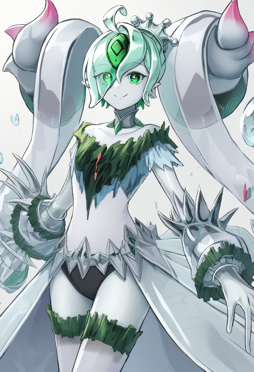 score_9, masterpiece, 2d, source anime, ygoaegirine, slime girl, transparent, green eyes, colored skin, hair hornament, choker, dress, cowboy shot, thighhighs, crown, smile
