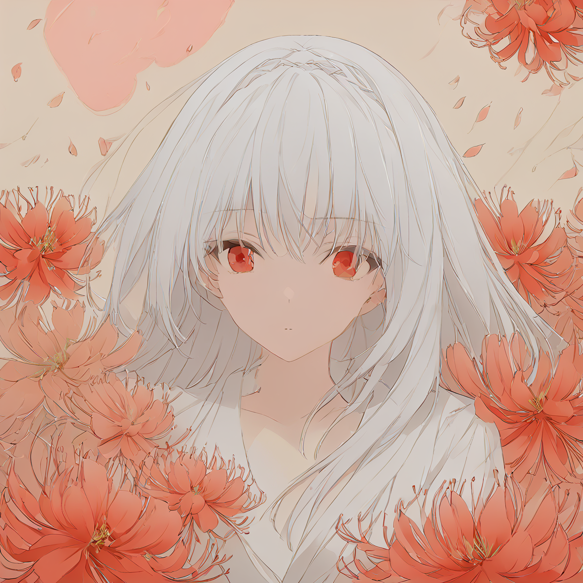 masterpiece,realistic,(flat color:0.5),impressionistic painting,  luna, outdoors, simple blank background, (huge flowers:1.2), flower surround, spider lily, summer, night, ambient light, looking at viewer, pure skirt, detailed face, upper body, wind, petals, death,pole color,red eyes, white hair, <lora:Luna_Pony_test_after_3-000060:1>