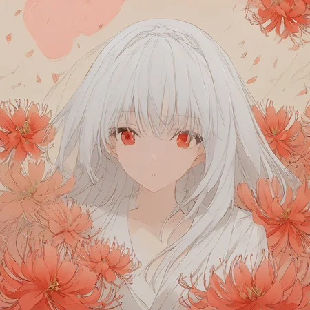 masterpiece,realistic,(flat color:0.5),impressionistic painting, luna, outdoors, simple blank background, (huge flowers:1.2), flower surround, spider lily, summer, night, ambient light, looking at viewer, pure skirt, detailed face, upper body, wind, petals, death,pole color,red eyes, white hair, <lora:Luna_Pony_test_after_3-000060:1>