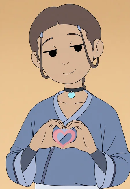 <lora:Katara_Illustrious_X:1>
<lora:Juukyuu_Style:1>
1girl, dark skin, dark-skinned female, brown hair, choker, jewelry, hair ornament, katara, braid,
solo,
blue robe, upper body,
head tilt, light smile, closed mouth, jitome,
own hands together, heart hands,
masterpiece, flat colors, solid circle eyes,