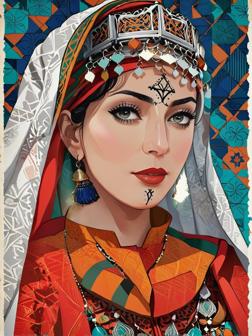 1woman, a poster by Maryam Hashemi, behance contest winner, moroccan art, poster art, digital illustration, <lora:UshamXL:1.2>, moroccan pattern background,