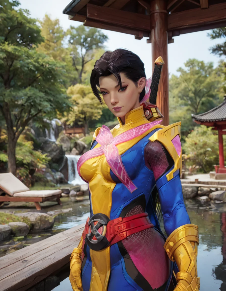 SmoothQualityPony, <lora:psylocke_retro_pony:1> psylocke_retro, under a sakura tree, japanese shrine