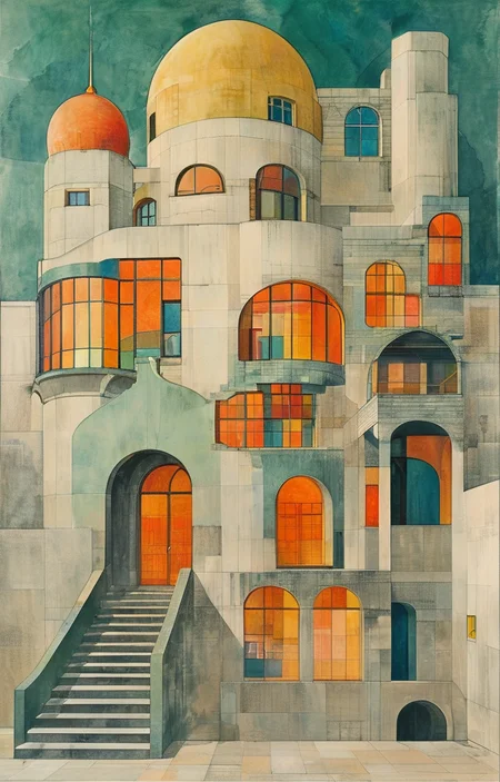 masterpiece,best quality,<lora:tbh312-sdxl:0.9>,illustration,designed by Adolf Loos Postmodern corporate headquarters with playful, colorful elements reminiscent of Michael Graves