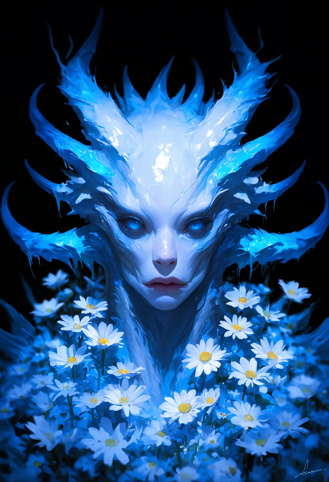 masterpiece, best quality, good quality, very awa, very aesthetic, absurdres, newest,realistic, solo, looking_at_viewer, blue_eyes, flower, parted_lips, horns, signature, no_humans, depth_of_field, blurry_background, white_flower, black_background, portrait, 1other, monster, blurry_foreground, extra_eyes, daisy, eye_focus, 748cmstyle,usnr