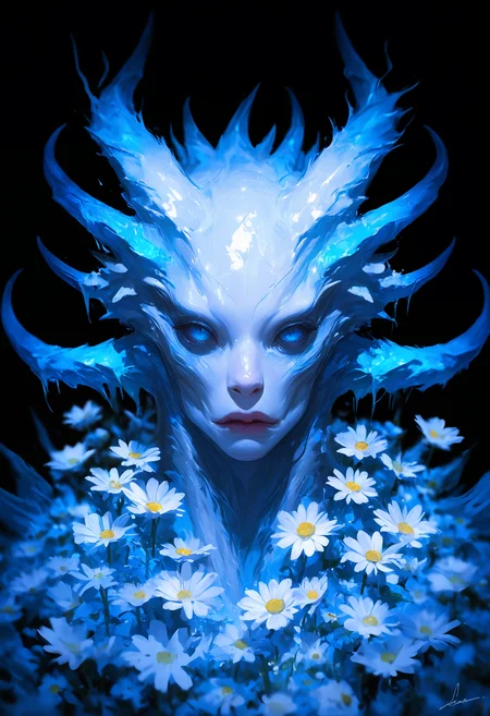 masterpiece, best quality, good quality, very awa, very aesthetic, absurdres, newest,realistic, solo, looking_at_viewer, blue_eyes, flower, parted_lips, horns, signature, no_humans, depth_of_field, blurry_background, white_flower, black_background, portrait, 1other, monster, blurry_foreground, extra_eyes, daisy, eye_focus, 748cmstyle,usnr