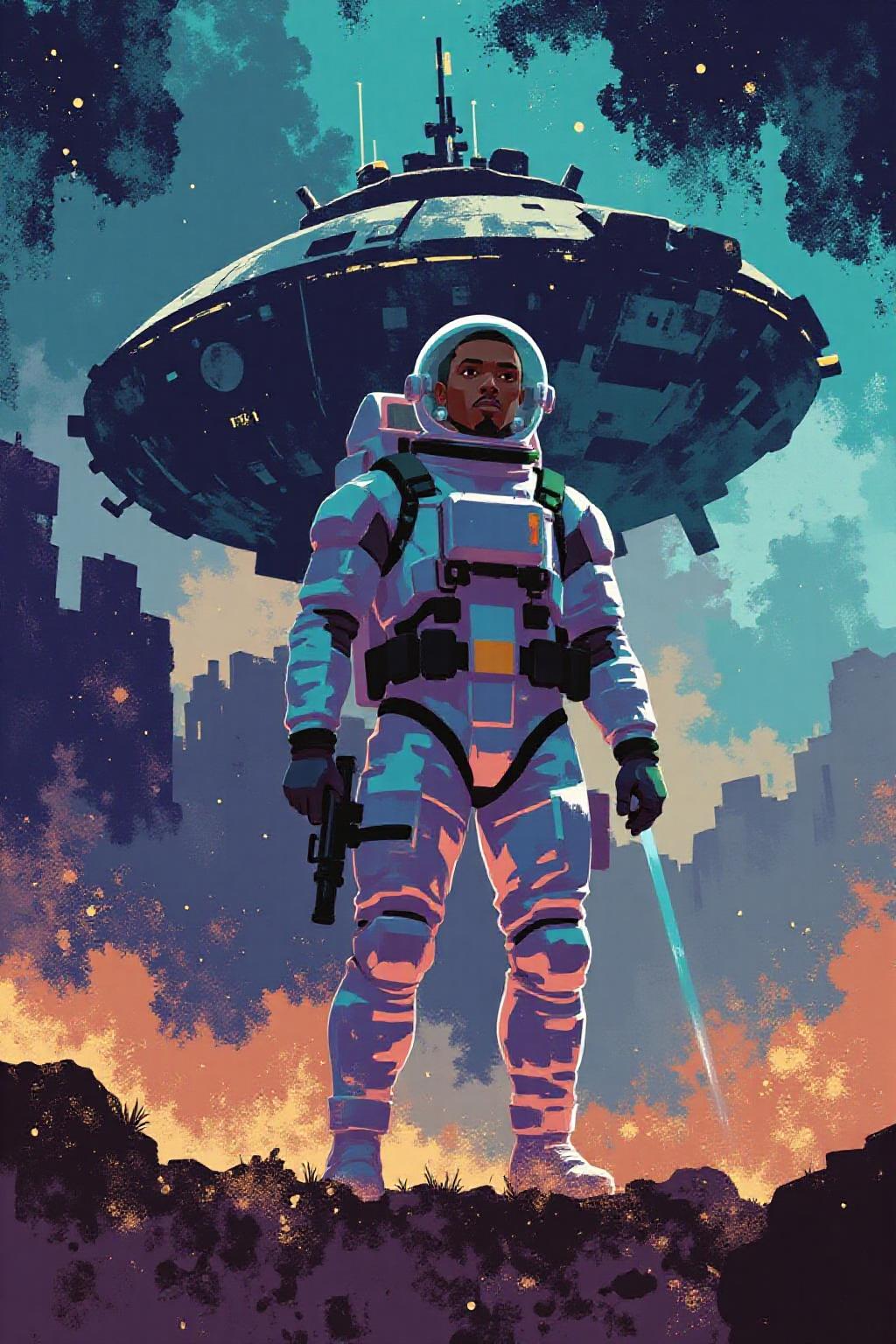 i11ustmin Illustration. Closeup of a handsome Black African male astronaut wearing sleek modern spacesuit holding a retro laser pistol on (A massive, ancient spaceship floating derelict in deep space.), retro sci-fi style, dynamic lighting, digital art, cinematic shot, fantastically beautiful, illustration, aesthetically inspired by classic sci-fi movies, by Paul Lehr by Jon Whitcomb, samdoesart, dreamlikear  <lora:minimalist_flat_nocap_nbm:1.0> <lora:Flux-Sch-SingleBlocks-BF16:1.0><lora:797953710689927228:0>