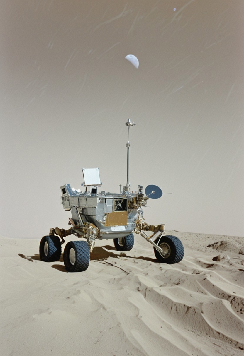 The image captures a fascinating juxtaposition of space exploration and leisure. In the foreground, a lunar rover module is prominently displayed on the Moon's surface. The rover, equipped with various scientific instruments and robust wheels designed for traversing the lunar terrain
However, in the background, an unusual and whimsical scene unfolds. Two individuals, dressed casually, are seated on lounge chairs under a beach umbrella. They appear relaxed, enjoying the unique and surreal experience of lounging on the Moon.