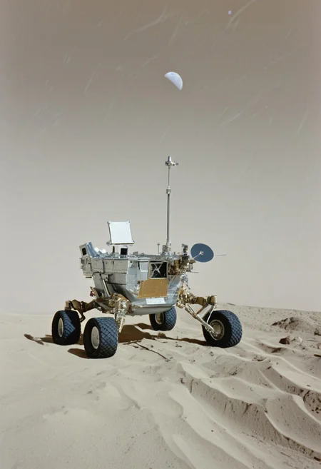 The image captures a fascinating juxtaposition of space exploration and leisure. In the foreground, a lunar rover module is prominently displayed on the Moon's surface. The rover, equipped with various scientific instruments and robust wheels designed for traversing the lunar terrain
However, in the background, an unusual and whimsical scene unfolds. Two individuals, dressed casually, are seated on lounge chairs under a beach umbrella. They appear relaxed, enjoying the unique and surreal experience of lounging on the Moon.