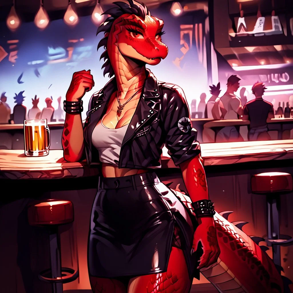 score_9, score_8_up, score_7_up, score_6_up, score_5_up, dragon girl, (red body), scales, red eyes, defined eyes, correct body proportions, detailed lighting , scalie, scales, thin dragon tail,less thick tail, epic, detailed hands, good anatomy, dynamic angle, source_anime , max detail, 4k wallpaper, masterpiece, best quality, absurdres, highres, female, solo, cleavage, accessory, piercing, ear piercing, hi res, mammal, clothing, club, bar, table, Goth girl 1girl, black hair, standing, lizard, snake, dragon, crocodilian, dinosaur, monster girl, teratophilia, source_furry<lora:Scalie:0.8>, dynamic pose, cleavage, Holo-Punk Style, easynegative, thin arms, narrow shoulders, petite, rebd, perfthig, skirt, shirt, Goth girl 1girl, (reptile:1.2), (scales:1.3), vertical slit pupils, accessories, wristbands, looking at viewer, leather jacket whit studs, legs, toes, necklace, beer mug, tinner legs