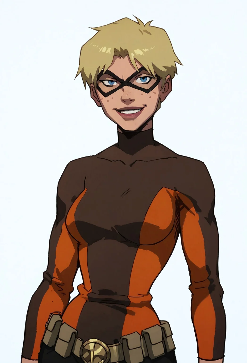 safe_pos, score_9, score_8_up, score_7_up, score_6_up,terradcamu, blonde, short hair, blue eyes, large breasts, freckles, bodysuit, shorts, belt, domino mask, cowboy shot, looking at viewer, white background, simple background,massive glutes, thicc ,smirk,