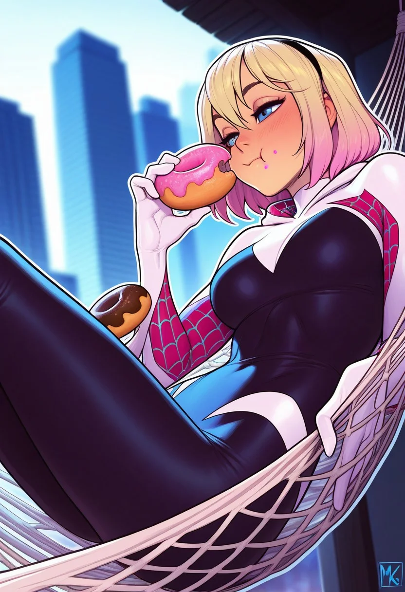 masterpiece,best quality,amazing quality,
artist: melkor,, (artist: incase:0.7), white outline glow, chromatic abberation, blurred background, dimmed background,
1 girl, fit, relaxing, casual, laying in a hammock made of webs, hammock made of white webbing, between two skyscrapers, eating a donut, pink hair highlights,
Gwen Stacy (Spider Gwen series),
Default superhero clothing, skyscraper city location,
detailed character, detailed face, detailed skin, detailed hair,