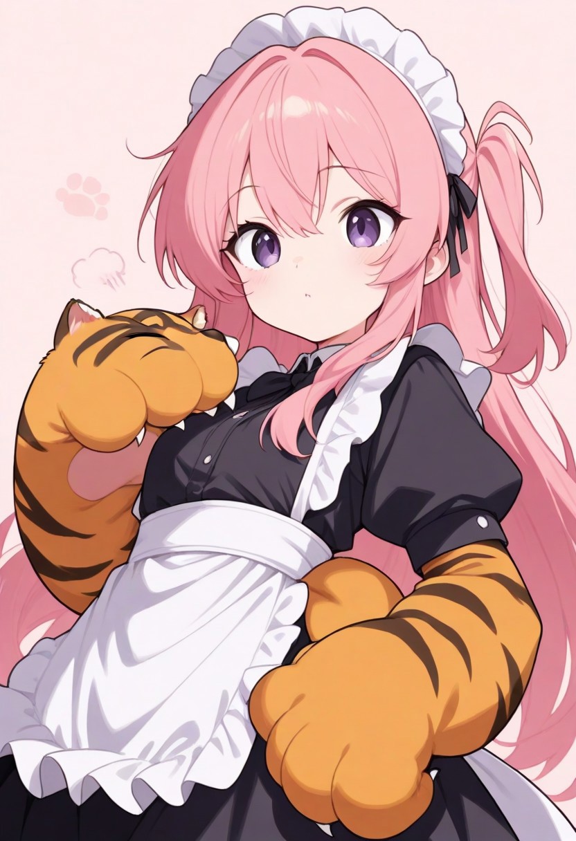 sscore_9, score_8_up, score_7_up, Tiger,CivChan, purple eyes, pink hair, half-side view,  The tiger has big paws, best quality, high  detail, 4k, upscaled, enhanced, detailed background,