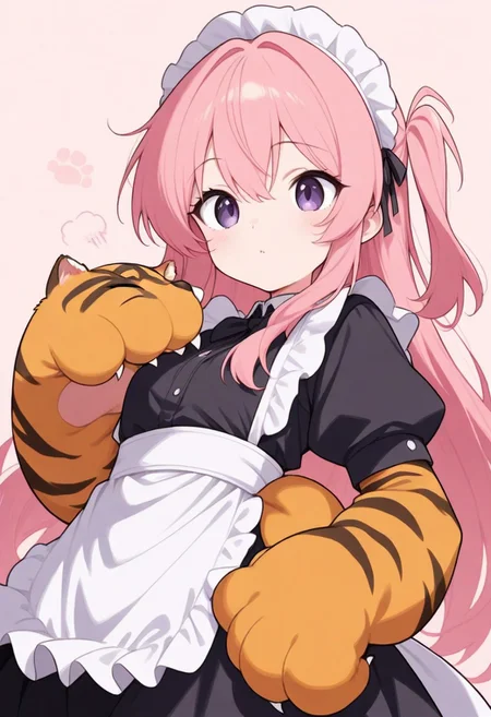 sscore_9, score_8_up, score_7_up, Tiger,CivChan, purple eyes, pink hair, half-side view, The tiger has big paws, best quality, high detail, 4k, upscaled, enhanced, detailed background,