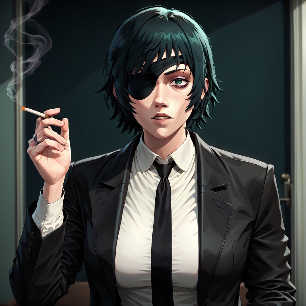 masterpiece, best quality, newest, absurdres, highres,  P3DV1.0, 1girl, himeno_(chainsaw_man), eyepatch, short hair, green hair, suti, necktie, 
cigarette, holding cigarette.