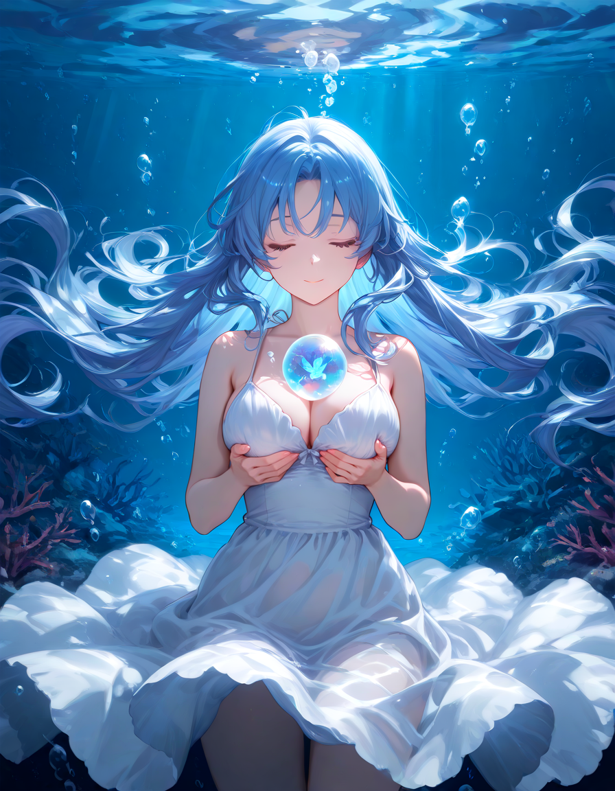 1girl, underwater, floating, flowing hair, serene expression, white dress, soft bubbles, aquatic creatures, light filtering through water, soft lighting, deep blue hues, ethereal atmosphere, peaceful, delicate pose, glowing orbs, translucent water, best quality, masterpiece, absurdres