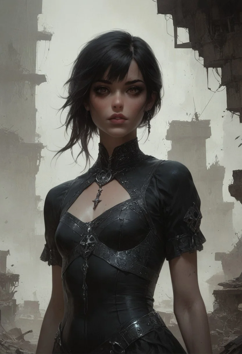score_9, score_8_up, score_7_up, score_6_up, 1 woman, goth, 80s, age 18, cute, petite, extremely detailed, high quality, realistic, beautiful brown eyes, Extra small breasts, black dress , thick open hair with bangs, dark theme, low light, from hip up, barren landscape with ruins, (masterpiece, best quality, highly detailed, realistic), muted colors,
