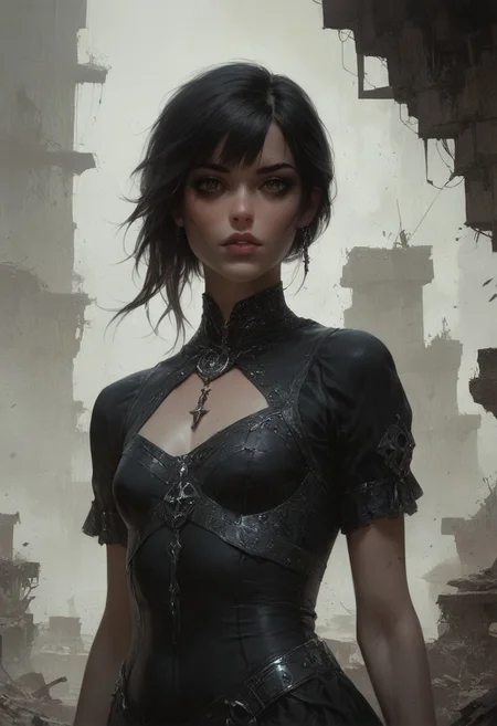 score_9, score_8_up, score_7_up, score_6_up, 1 woman, goth, 80s, age 18,  cute, petite, extremely detailed, high quality, realistic, beautiful brown eyes, Extra small breasts, black dress ,  thick open hair with bangs, dark theme, low light, from hip up, barren landscape with ruins, (masterpiece, best quality, highly detailed, realistic),  muted colors,