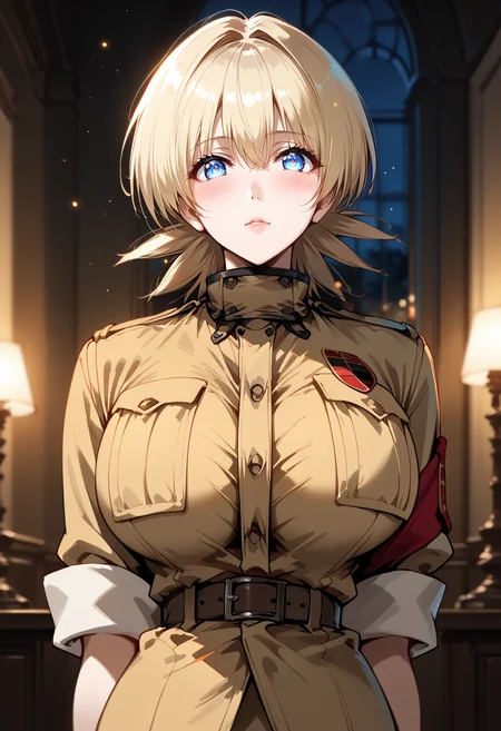 score_9, score_8_up, score_7_up, score_6_up, source_anime, absurdres, highres, sharp detailed, 4k, 8k, 16k, official art, sharp focus, character focus,
arms behind back, upper body, breasts focus, seras victoria , 1girl, solo, looking at viewer, blush, (huge breasts:1.2), belt, khaki military uniform, armband, sleeves rolled up, pocket, breast pocket, shirt, blonde hair, short hair, blue eyes, night, indoors, castle hall, impossible clothes, brown gloves, standing, portrait,
dark theme, red theme, yellow theme,
rising particles, glowing particles, depth of field, <lora:Seras_Victoria__Hellsing:1.0> <lora:AuraGlow_Style_v1:1.0>