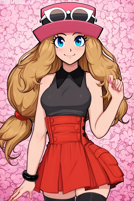 score_9, score_8_up, score_8, medium breasts, (curvy), cute, eyelashes, closed mouth, BREAK, , BREAK, zzSerena, solo, long hair, blue eyes, eyewear on headwear, pink headwear, eyelashes, sleeveless shirt, black shirt, bracelet, high-waist skirt, red skirt, black thighhighs,<lora:SerenaPokemon_PDXL_r1:0.8>, (pink flowers background:1), <lora:Afrobull_PDXL_v4:0.8>, , BREAK, smile, looking at viewer, cowboy shot, embedding:zPDXL, <lora:SDXLFaeTastic2400:0.5>,