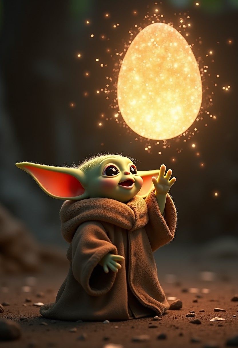 A cute baby yoda from Star Wars, reaching up to a floating large glowing sparkling egg, happy, suprised