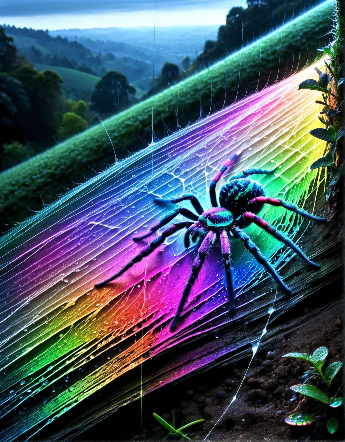 The intricate web of a spider, glistening with morning dew and a spectrum of ais-nnsplsh, turning a simple trap into a work of art. <lora:ais-nnsplsh-sdxl:1>